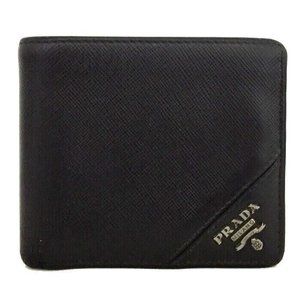 Authentic PRADA Logo Saffiano Bifold Wallet Purse Leather Black Made In Italy